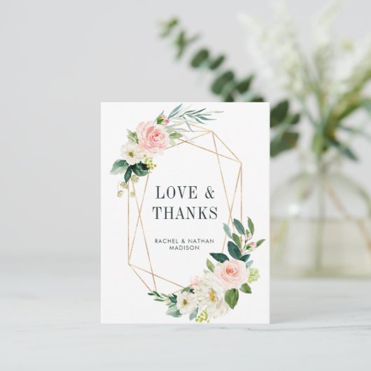 Blush White Bloom Gold Lijst bruiloft dank u Briefkaart (Staand voorkant)