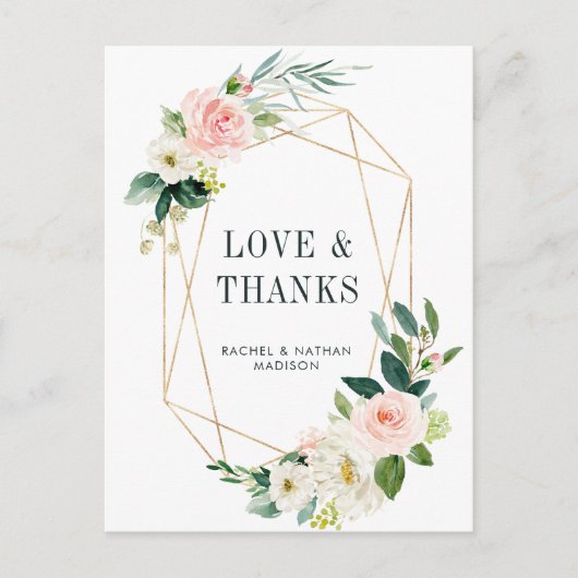 Blush White Bloom Gold Lijst bruiloft dank u Briefkaart (Voorkant)