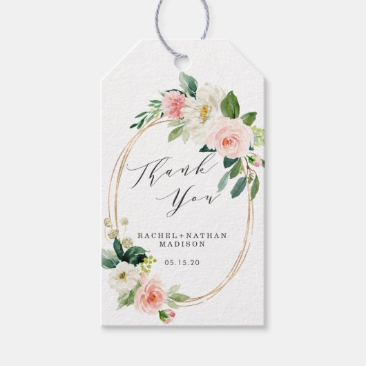 Blush White Bloom Gold Lijst bruiloft dank u Cadeaulabel (Voorkant)