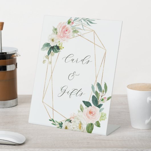Blush White Bloom Gold Lijst Weddenkaarten en cade Reclamebord Met Voetstuk (Insitu)