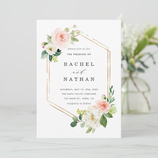 Blush White Bloom Gold Lijst Weddenschap Kaart (Staand voorkant)