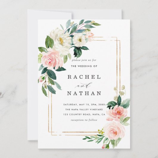 Blush White Bloom Gold Lijst Weddenschap Kaart (Voorkant)