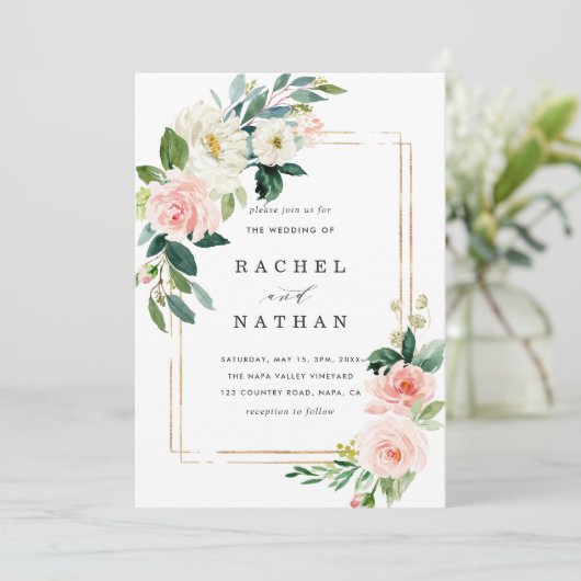 Blush White Bloom Gold Lijst Weddenschap Kaart (Staand voorkant)