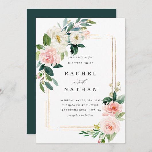 Blush White Bloom Gold Lijst Weddenschap Kaart (Voorkant / Achterkant)