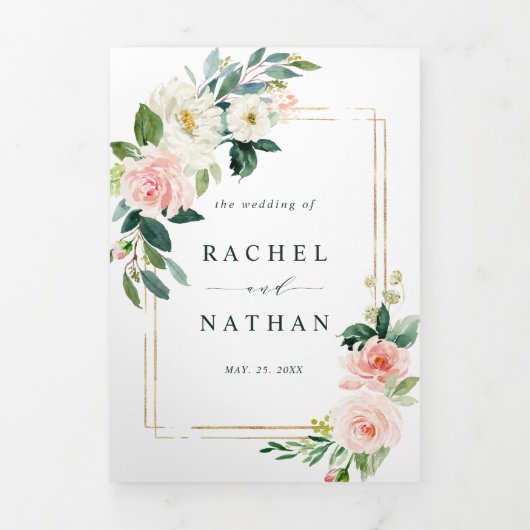 Blush White Bloom Gold Rectangle Lijst Weddenschap Drieluik Uitnodiging (Cover)