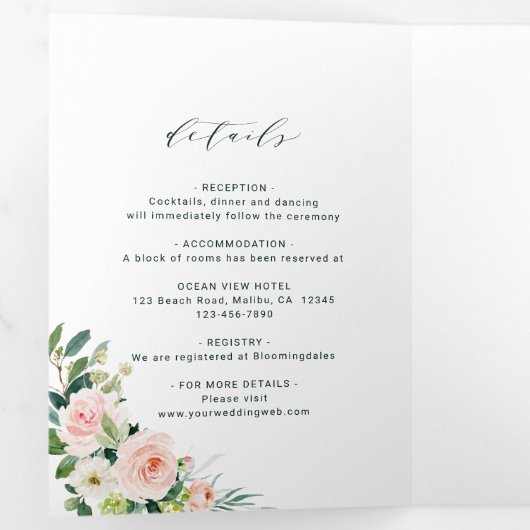 Blush White Bloom Gold Rectangle Lijst Weddenschap Drieluik Uitnodiging (Binnenzijde eerst)