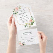 Blush White Bloom Hexagon Gold Lijst Weddenschap All In One Uitnodiging (Afscheurbaar)