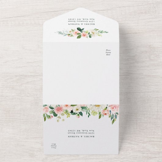 Blush White Bloom Hexagon Wedding All In One Uitnodiging (Buitenkant)