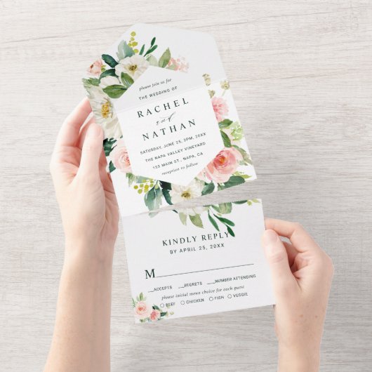 Blush White Bloom Hexagon Wedding All In One Uitnodiging (Afscheurbaar)