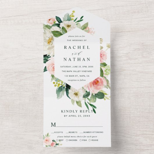 Blush White Bloom Hexagon Wedding All In One Uitnodiging (Binnen)