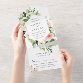 Blush White Bloom Hexagon Wedding All In One Uitnodiging