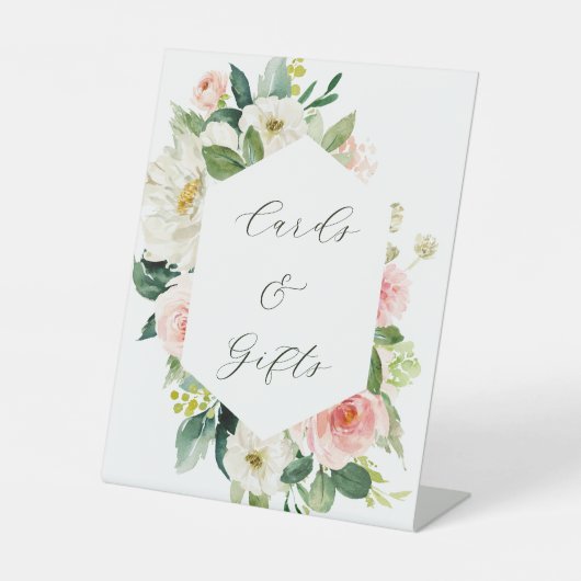 Blush White Bloom Hexagon Wedding Cards & Gifts Reclamebord Met Voetstuk (Voorkant)