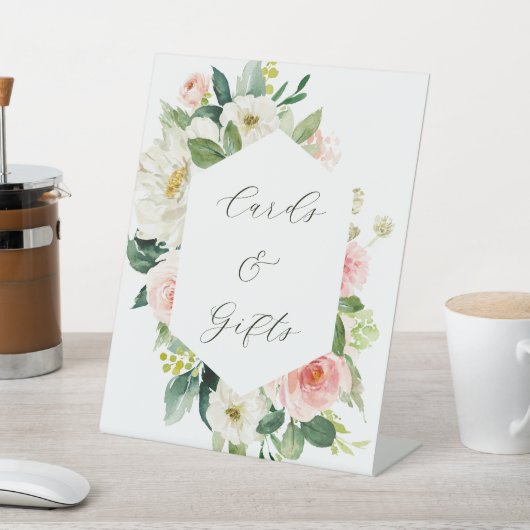 Blush White Bloom Hexagon Wedding Cards & Gifts Reclamebord Met Voetstuk (Insitu)
