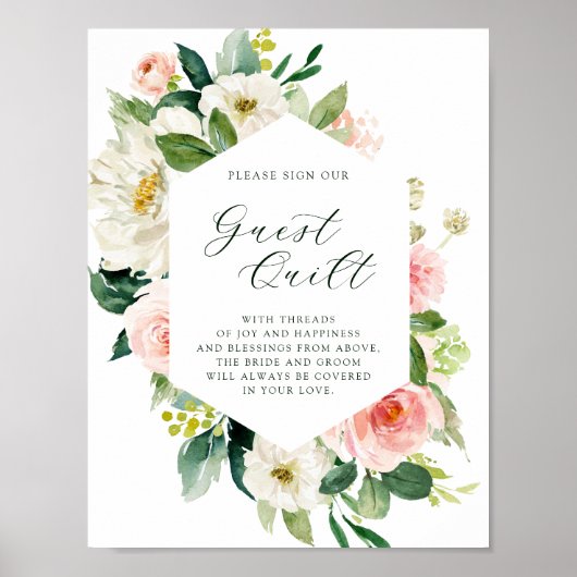 Blush White Bloom Hexagon Wedding Guest Quilt Sign Poster (Voorkant)