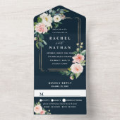 Blush White Bloom Navy Blue Gold Lijst Weddenschap All In One Uitnodiging (Binnen)