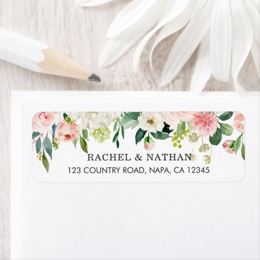 Blush White Bloom Waterverf Bloemen Adres Etiket (Insitu)