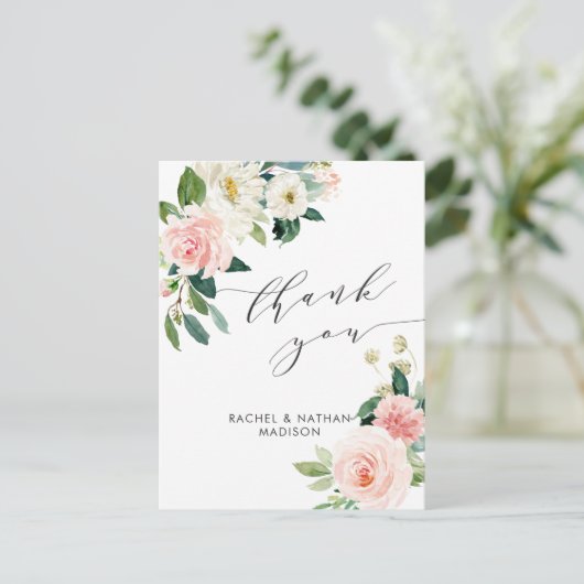 Blush White Bloom Waterverf bruiloft dank u Briefkaart (Staand voorkant)