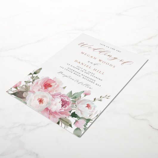 Blush & White Botanical Floral Wedding Roos Gold Folie Uitnodiging (Gedraaid)