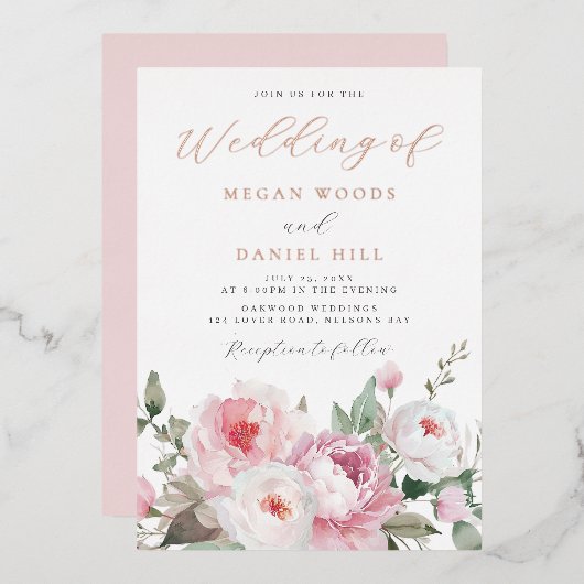 Blush & White Botanical Floral Wedding Roos Gold Folie Uitnodiging (Voorkant / Achterkant)