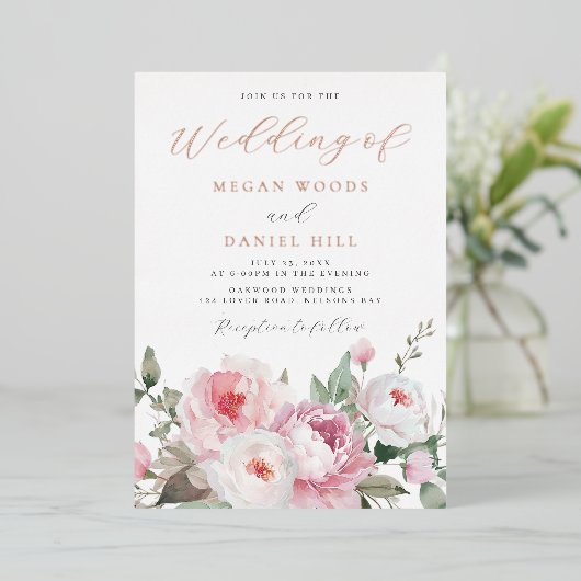 Blush & White Botanical Floral Wedding Roos Gold Folie Uitnodiging (Staand Voorkant)
