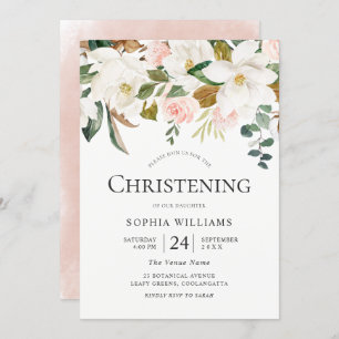 Blush & White Floral Beauful Christening Baptisme Kaart