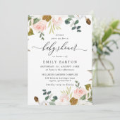 Blush & White Floral Gold Glitter Baby shower Kaart (Staand voorkant)