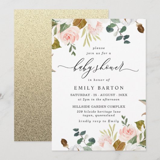 Blush & White Floral Gold Glitter Baby shower Kaart (Voorkant / Achterkant)
