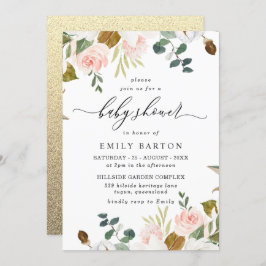 Blush & White Floral Gold Glitter Baby shower Kaart