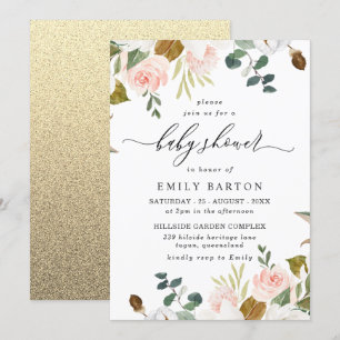 Blush & White Floral Gold Glitter Baby shower Kaart