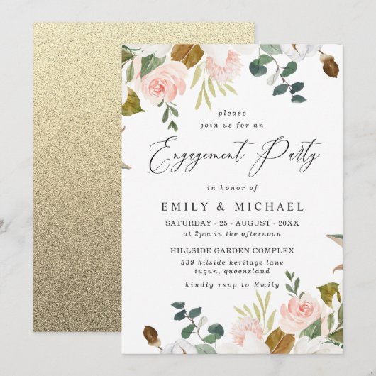 Blush & White Floral Gold Glitter Engagement Party Kaart (Voorkant / Achterkant)