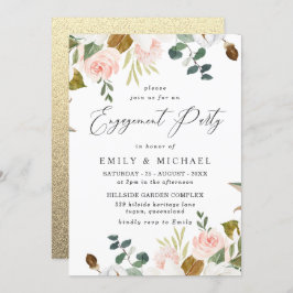 Blush & White Floral Gold Glitter Engagement Party Kaart