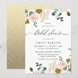 Blush & White Floral Gold Glitter Vrijgezellenfees Kaart