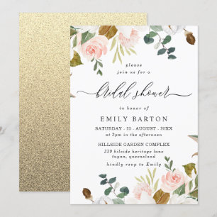 Blush & White Floral Gold Glitter Vrijgezellenfees Kaart