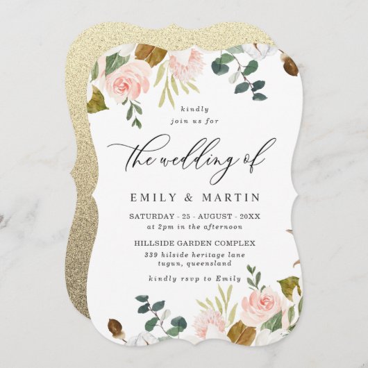 Blush & White Floral Gold Glitter Weddenschap Kaart (Voorkant / Achterkant)