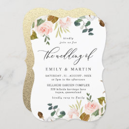 Blush & White Floral Gold Glitter Weddenschap Kaart