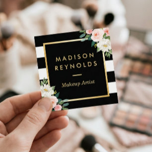 Blush White Floral Gold Lijst Black White Stripes Vierkante Visitekaartje