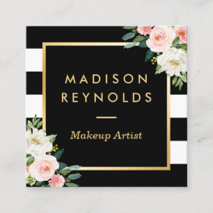 Blush White Floral Gold Lijst Black White Stripes Vierkante Visitekaartje