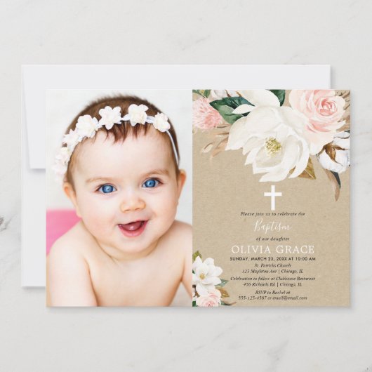 Blush white floral kraft girl baptisme foto kaart (Voorkant)