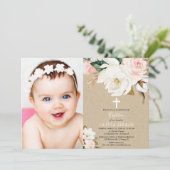 Blush white floral kraft girl baptisme foto kaart (Staand voorkant)