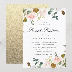 Blush & White Floral met Gold Glitter Sweet 16 Kaart