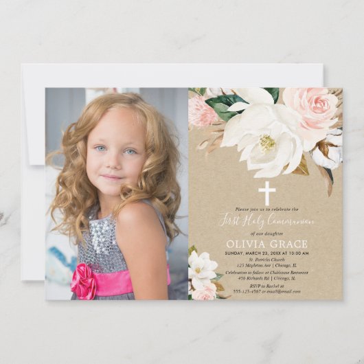 Blush White floral rustic girl first commune Kaart (Voorkant)