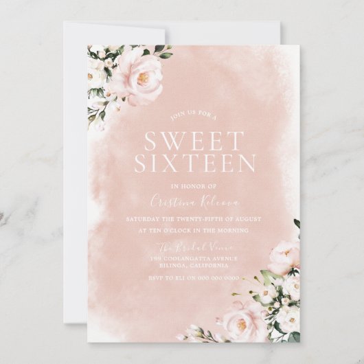 Blush & White Floral Waterverf Sweet 16 Kaart (Voorkant)