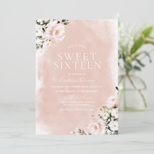 Blush & White Floral Waterverf Sweet 16 Kaart (Staand voorkant)