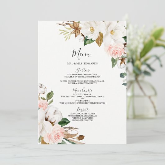 Blush White Floral Wedding or Rehearsal Dinner Menu (Staand voorkant)