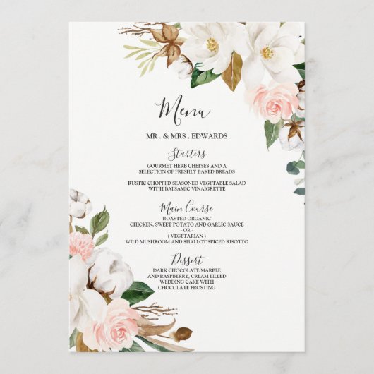 Blush White Floral Wedding or Rehearsal Dinner Menu (Voorkant)
