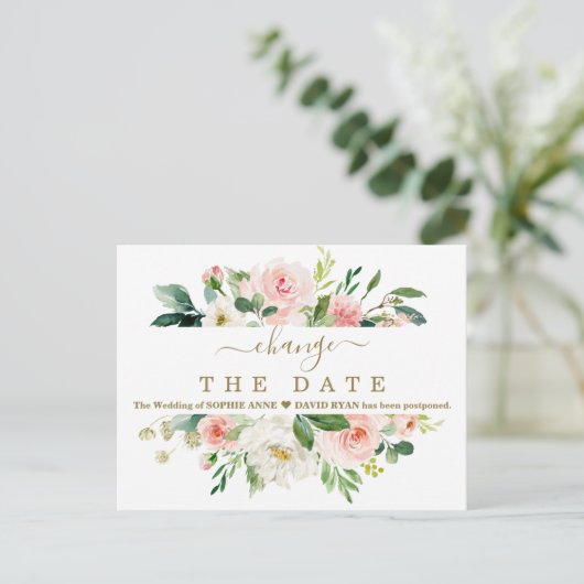 Blush White Floral Wedding Postponed New Plan Briefkaart (Staand voorkant)