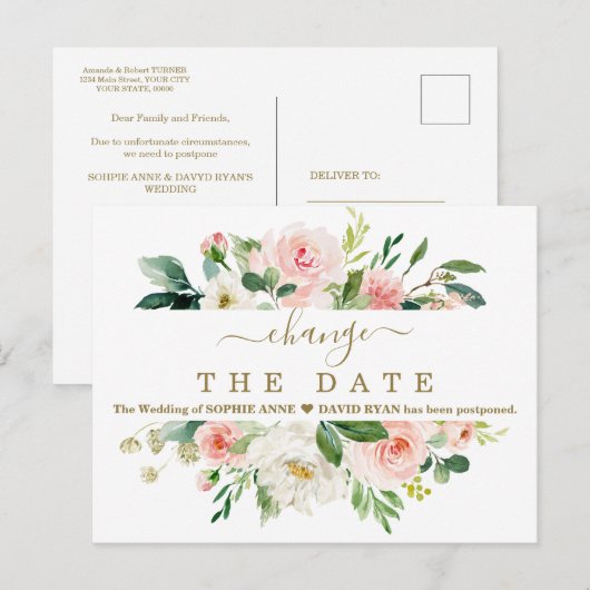 Blush White Floral Wedding Postponed New Plan Briefkaart (Voorkant / Achterkant)
