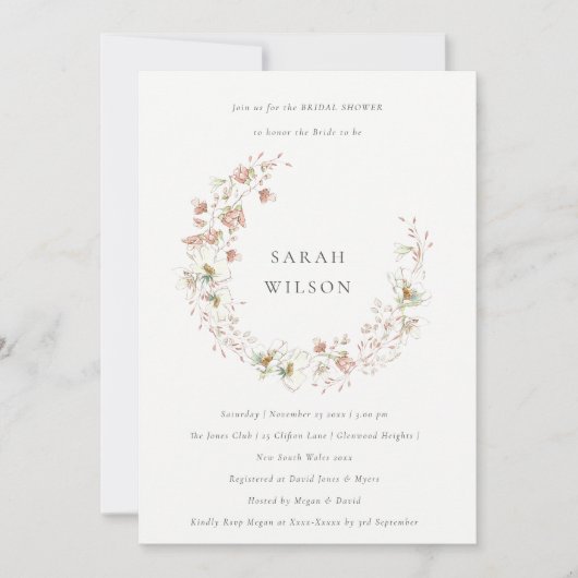 Blush White Floral Wreate Vrijgezellenfeest Invite Bedankkaart (Voorkant)
