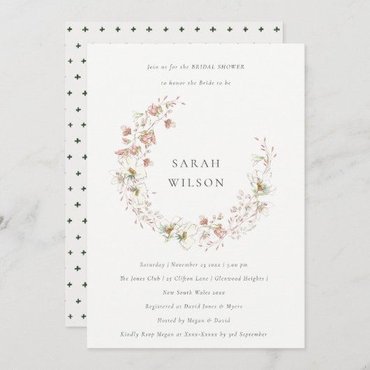 Blush White Floral Wreate Vrijgezellenfeest Invite Bedankkaart (Voorkant / Achterkant)