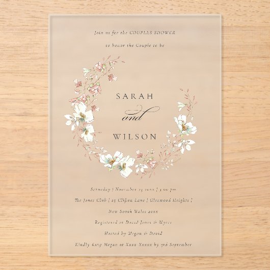 Blush White Floral Wreates Couples Shower Invite Acryl Uitnodigingen (Voorkant)